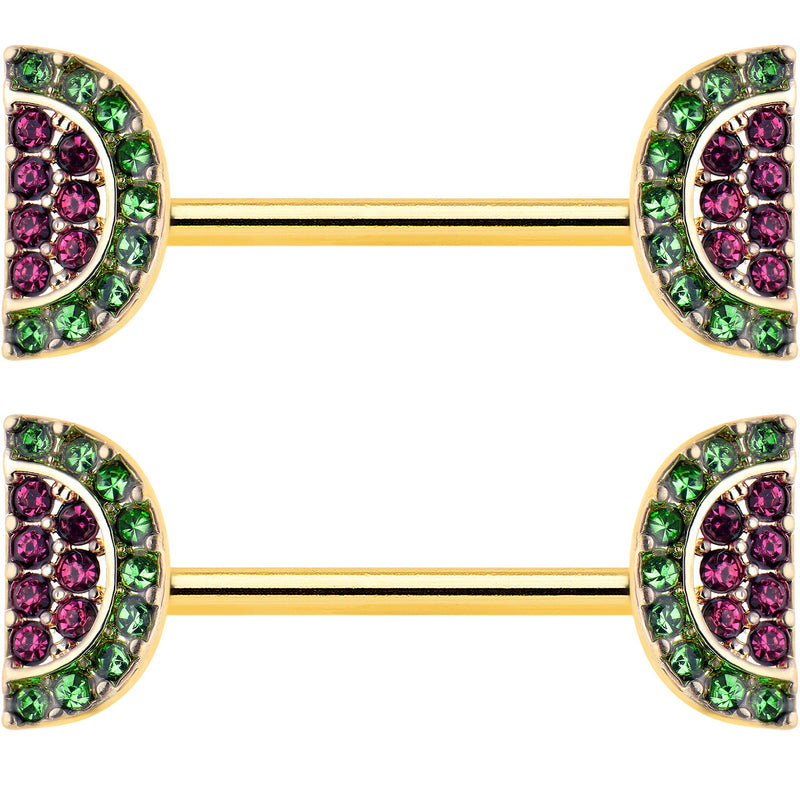 14G 9/16 Pink Gem Gold Hue Watermelon Yum Barbell Nipple Ring Set