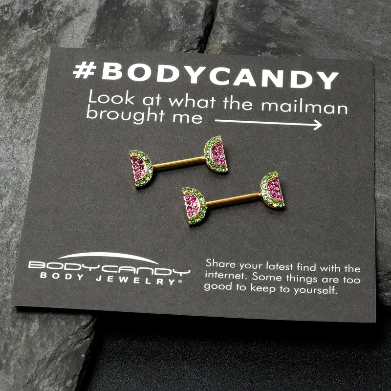 14G 9/16 Pink Gem Gold Hue Watermelon Yum Barbell Nipple Ring Set
