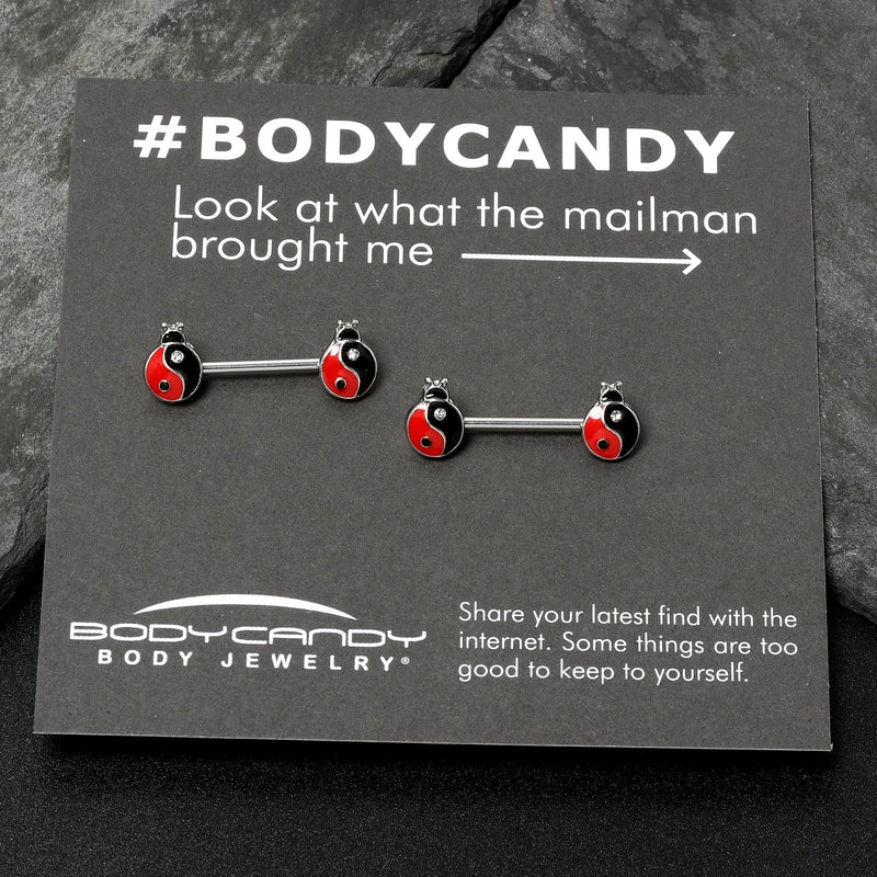 14G 9/16 Clear Gem Ladybug Yin Yang Barbell Nipple Ring Set