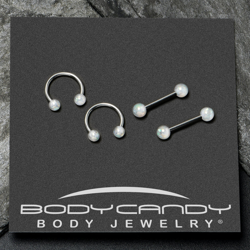 14G 9/16 White Faux Opal Horseshoe Barbell Nipple Ring Set of 4