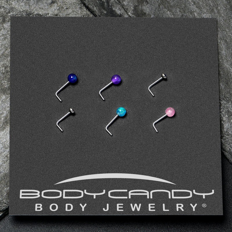 20G 1/4 Purple Gem Blue Pink Faux Opal Pack L Shape Nose Ring Set of 6