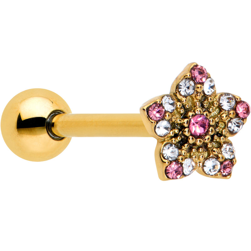 Pink Clear Gem Gold Tone Texture Star Barbell Tongue Ring