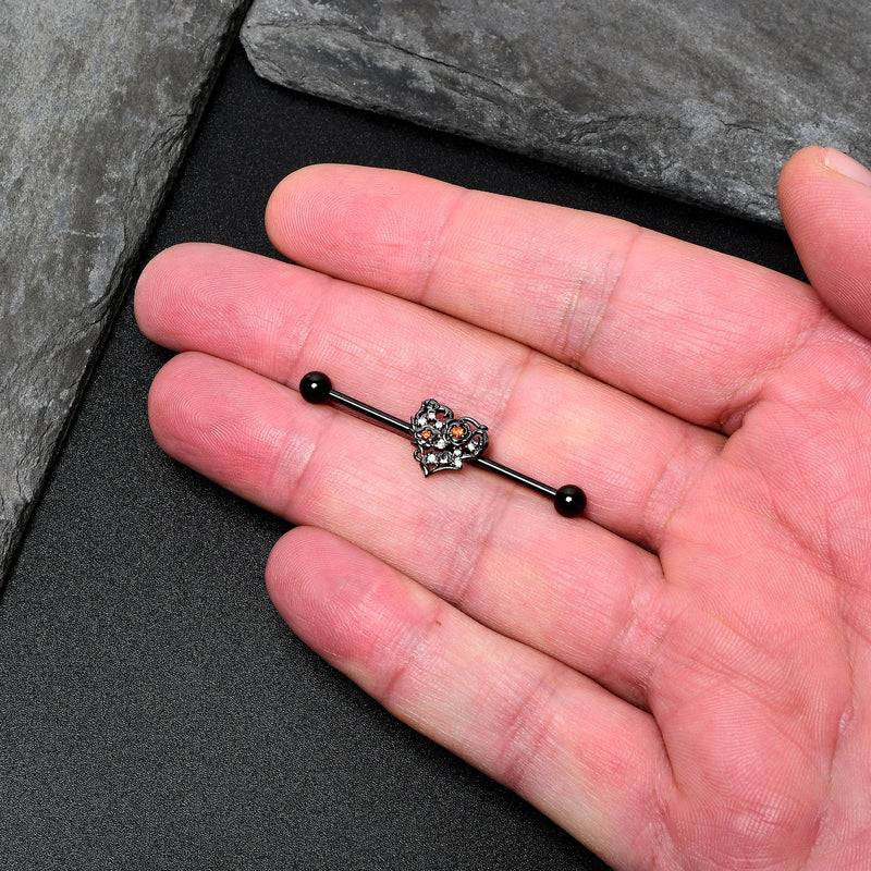 14G Clear Red CZ Gem Black Heart Floral Industrial Barbell 38mm