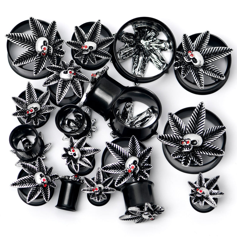Red Gem Black Pot Leaf Skull Tunnel Plug Set