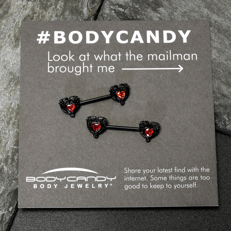 14G 9/16 Red CZ Gem Black Passion Heart Barbell Nipple Ring Set
