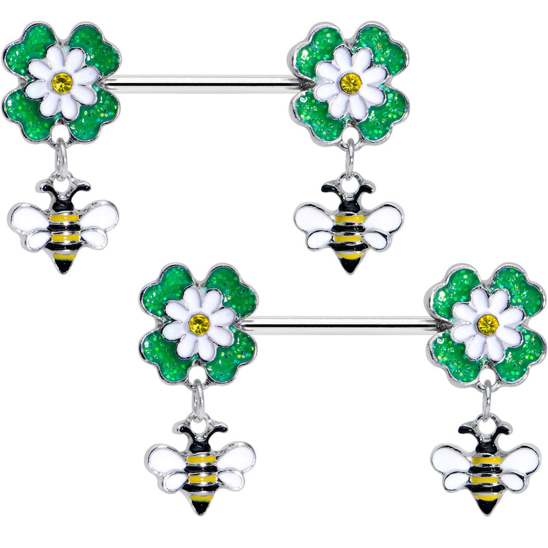 14G 9/16 Yellow Gem Daisy Bee Glittery Barbell Nipple Ring Set