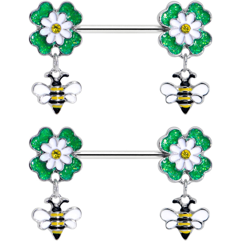 14G 9/16 Yellow Gem Daisy Bee Glittery Barbell Nipple Ring Set