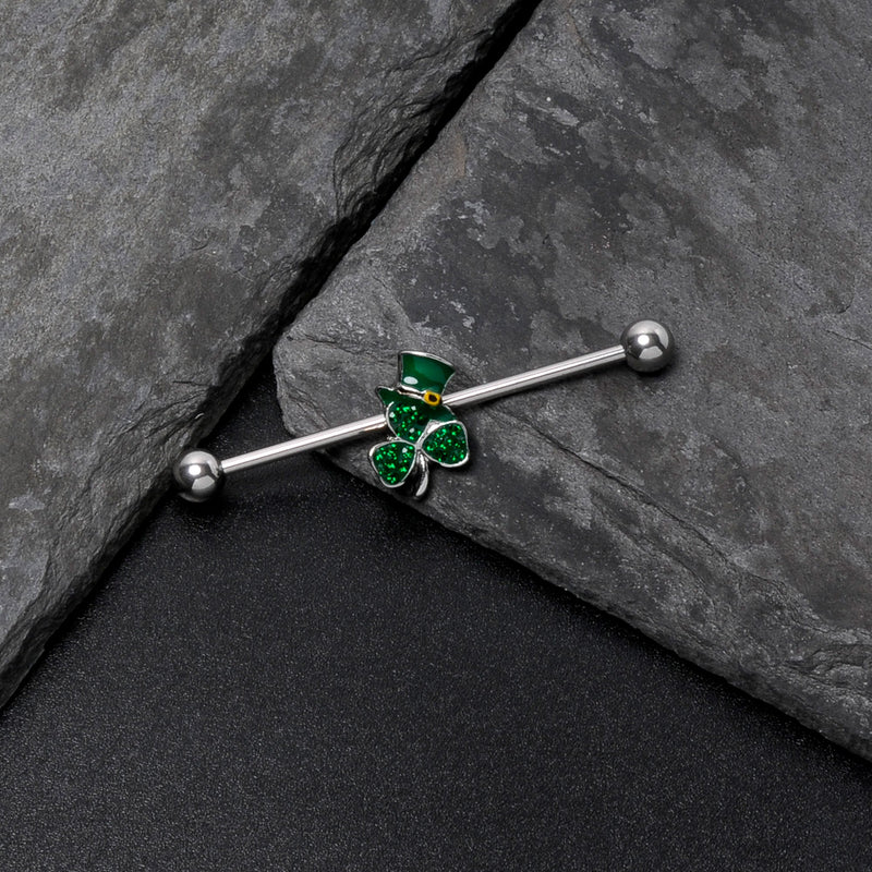 14G Green Gem Top Hat Shamrock St Patricks Industrial Barbell 38mm