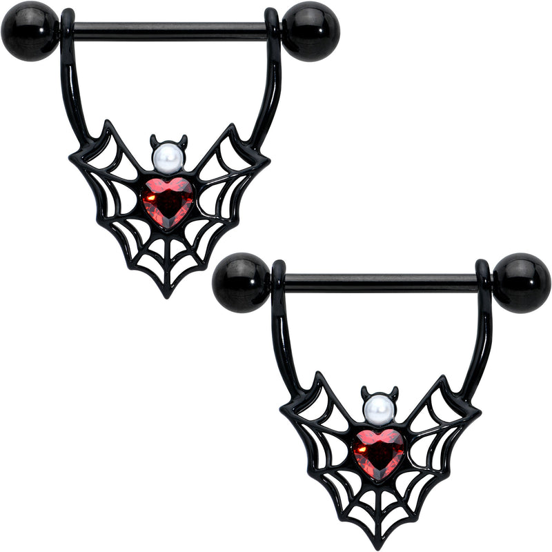 14G 11/16 Red Gem Black Gothic Bat Heart Nipple Shield Set
