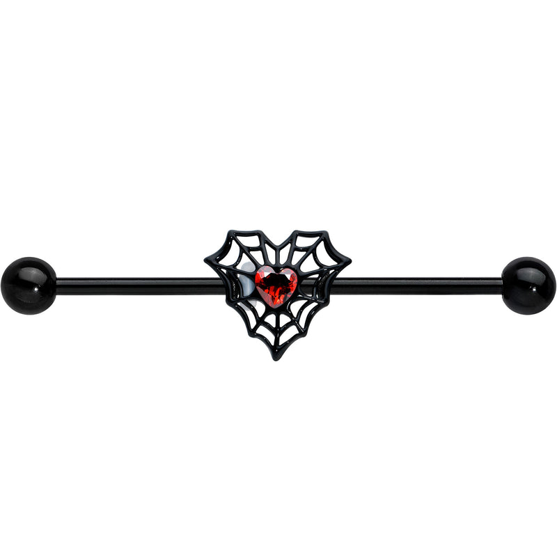 14G Red Gem Black Spider Heart Web Industrial Barbell 38mm