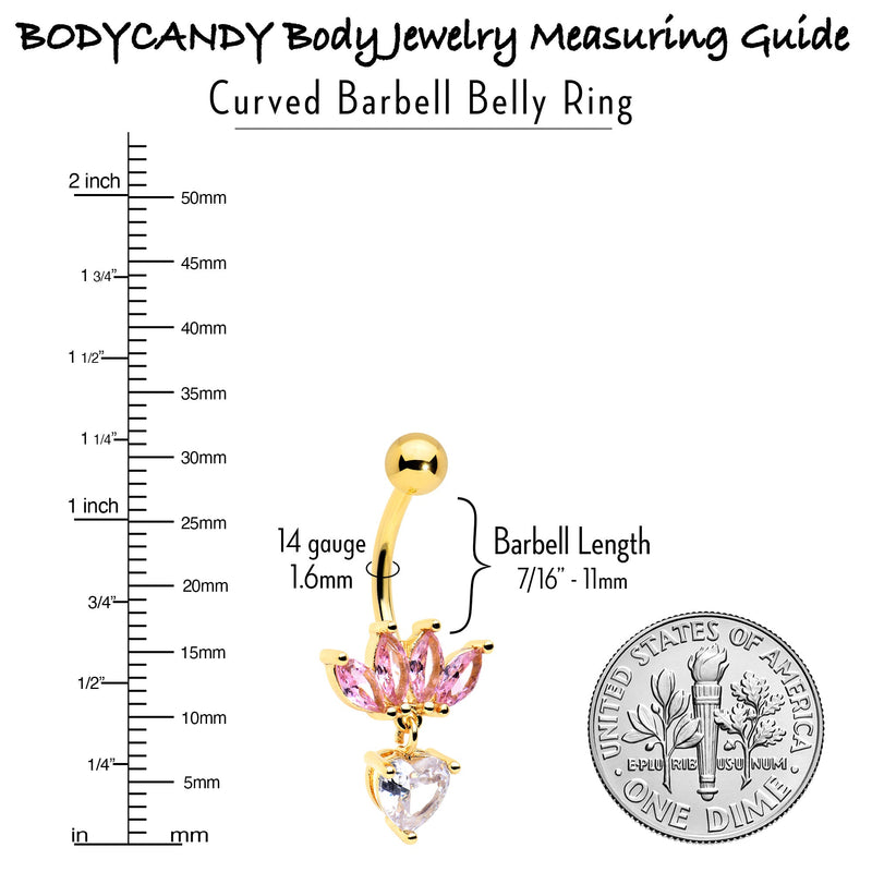 Clear Pink CZ Gem Gold Tone Crown And Heart Dangle Belly Ring