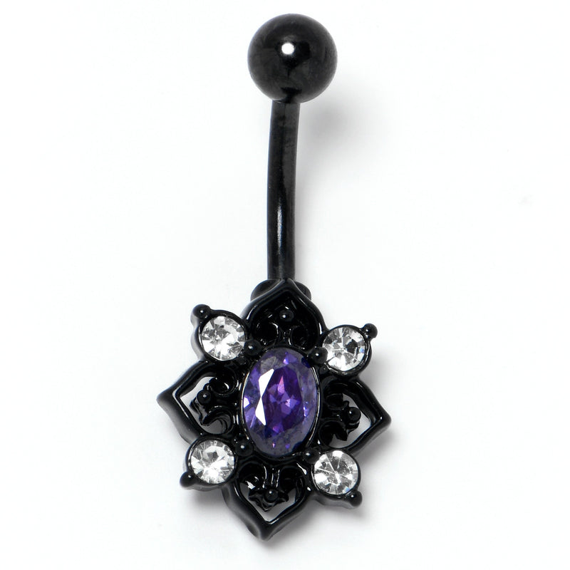 Purple Clear Gem Black Scrolling Hearts Belly Ring