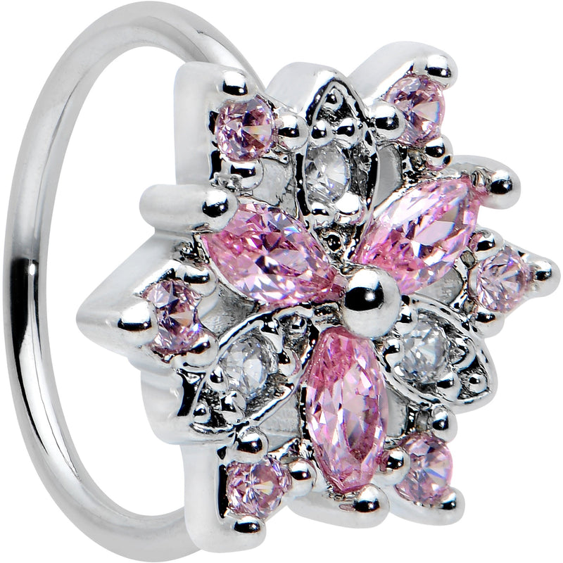 20G 5/16 Pink Clear CZ Gem Snowflake Nose Hoop