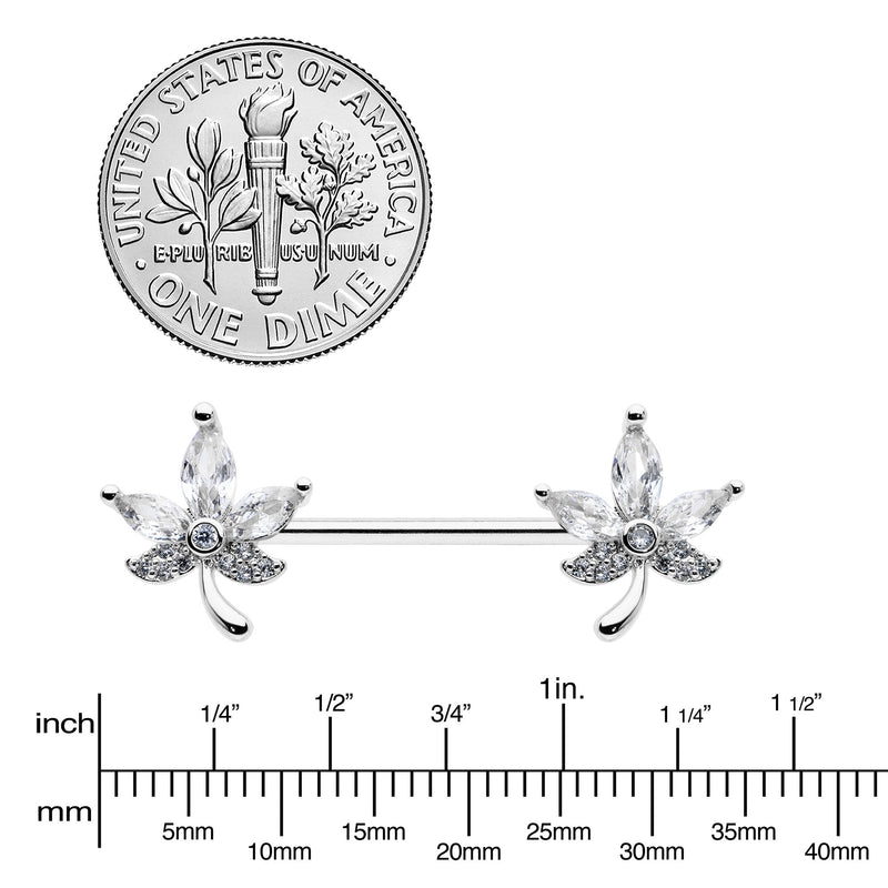 14G 3/4 Clear CZ Gem Pot Leaf Barbell Nipple Ring Set
