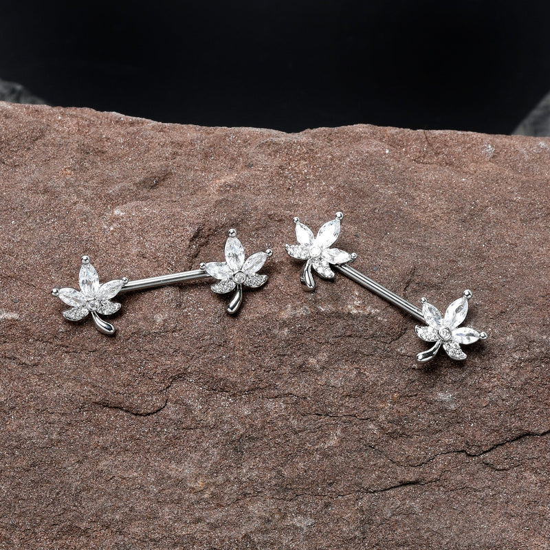 14G 3/4 Clear CZ Gem Pot Leaf Barbell Nipple Ring Set
