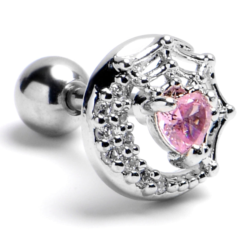 16G 1/4 Pink Gem Heart Moon Web Cartilage Tragus Earring