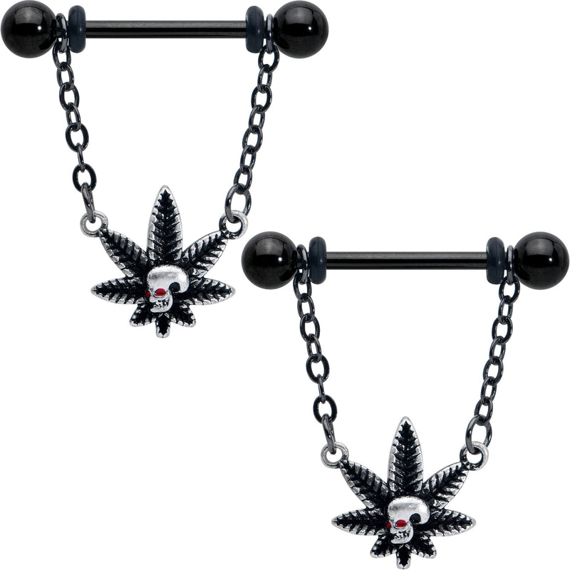 14G 9/16 Red Gem Black Pot Leaf Skull Chain Dangle Nipple Ring Set