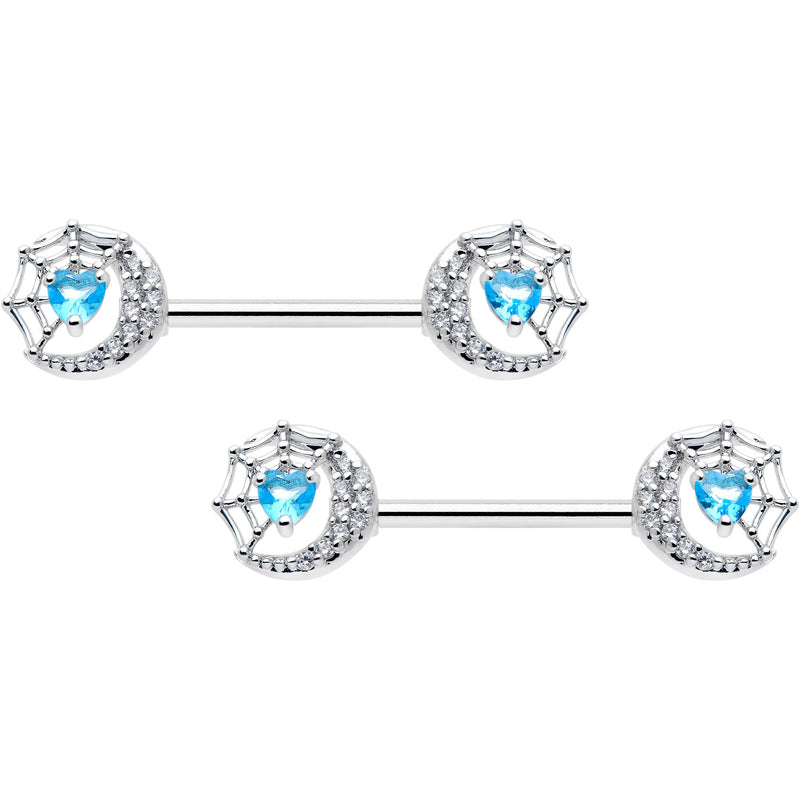 14G 9/16 Blue CZ Gem Heart Web Moon Barbell Nipple Ring Set