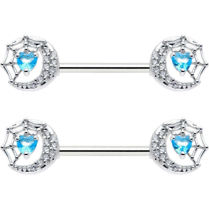 14G 9/16 Blue CZ Gem Heart Web Moon Barbell Nipple Ring Set