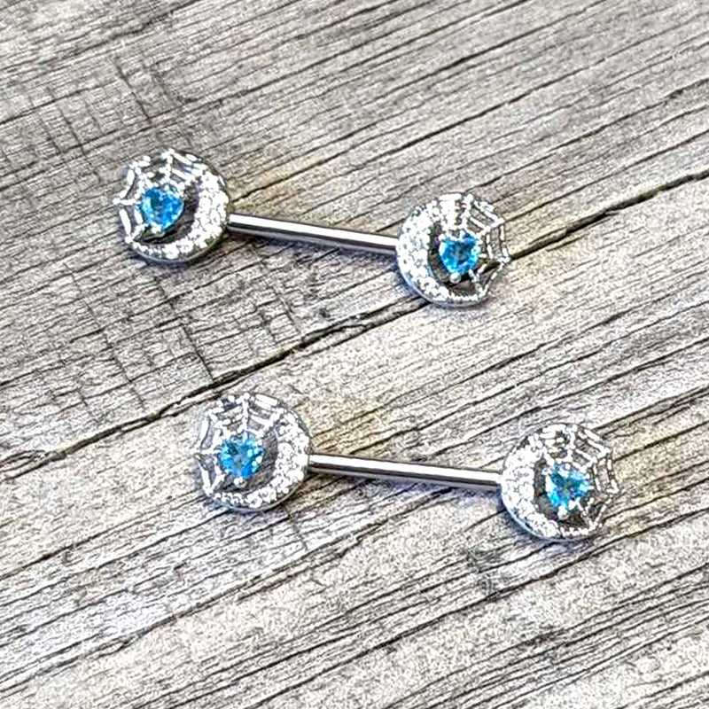 14G 9/16 Blue CZ Gem Heart Web Moon Barbell Nipple Ring Set