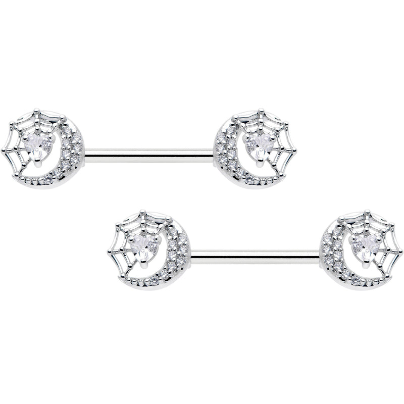 14G 9/16 Clear CZ Gem Heart Web Moon Barbell Nipple Ring Set