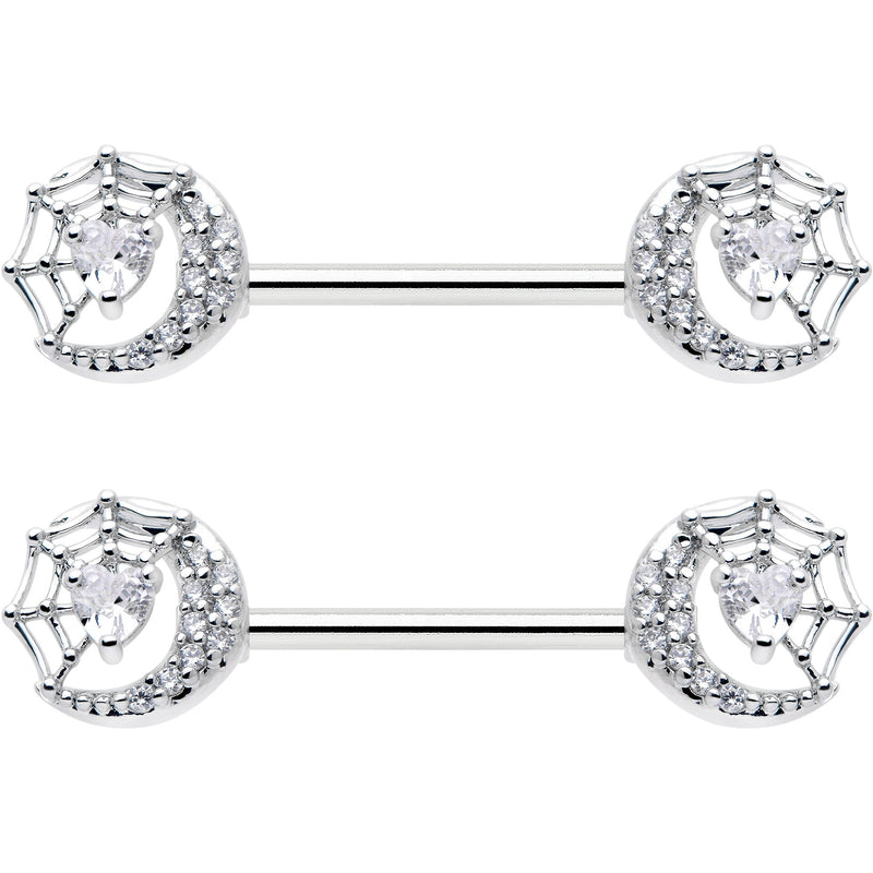14G 9/16 Clear CZ Gem Heart Web Moon Barbell Nipple Ring Set