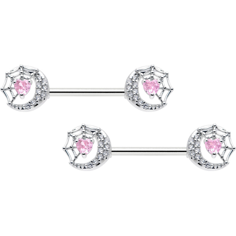 14G 9/16 Pink CZ Gem Heart Web Moon Barbell Nipple Ring Set