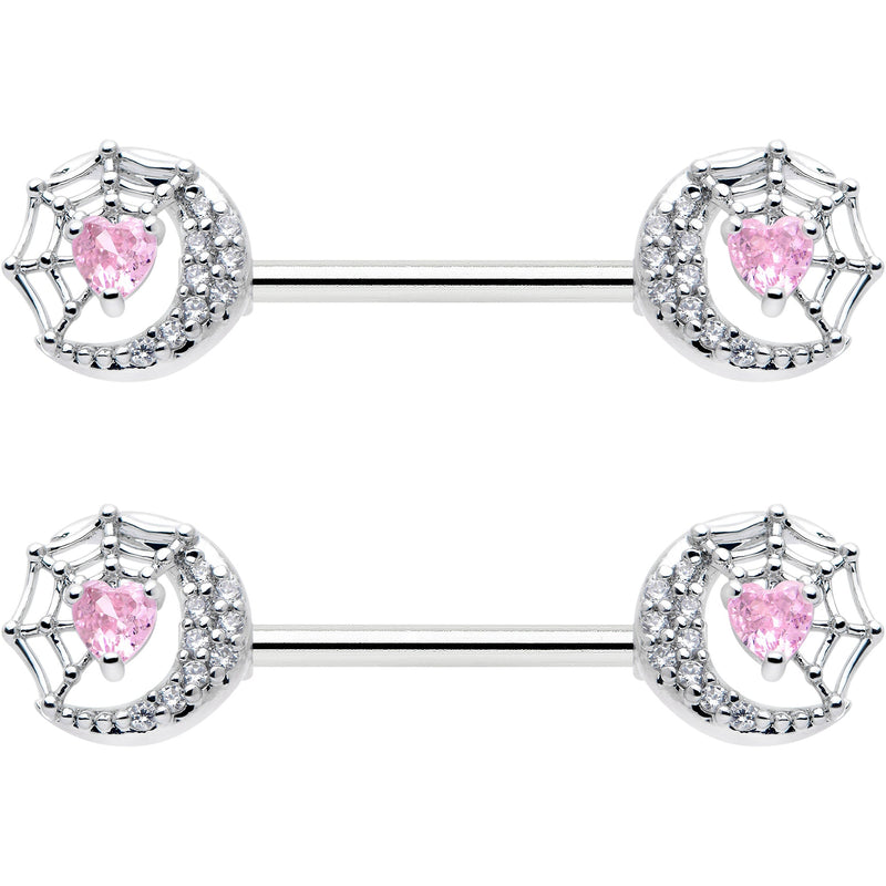 14G 9/16 Pink CZ Gem Heart Web Moon Barbell Nipple Ring Set
