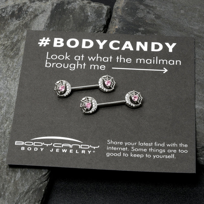 14G 9/16 Pink CZ Gem Heart Web Moon Barbell Nipple Ring Set