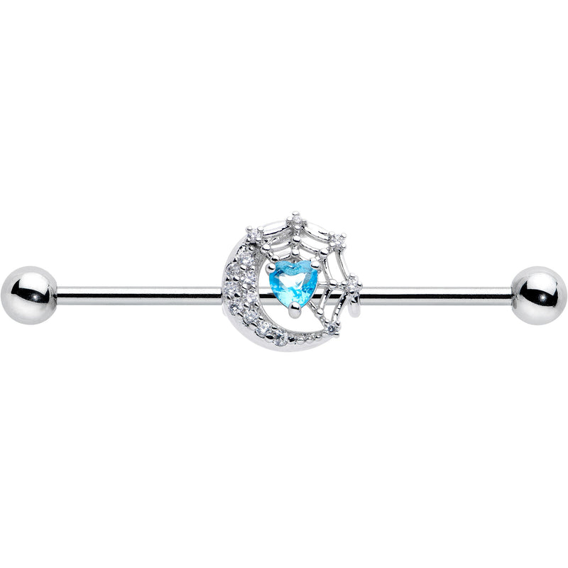 14G Blue CZ Gem Heart Web Moon Industrial Barbell 38mm