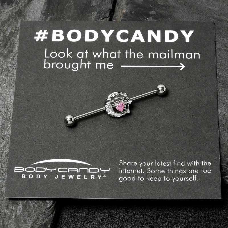 14G Pink CZ Gem Heart Web Moon Industrial Barbell 38mm