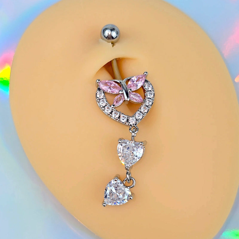 Pink Clear Gem Butterfly Hearts Of Love Dangle Belly Ring