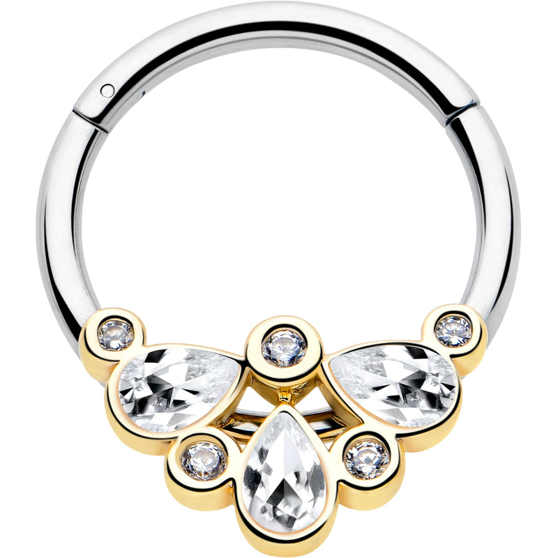 16G 3/8 Clear Gem Golden Crown Deluxe Hinged Segment Ring
