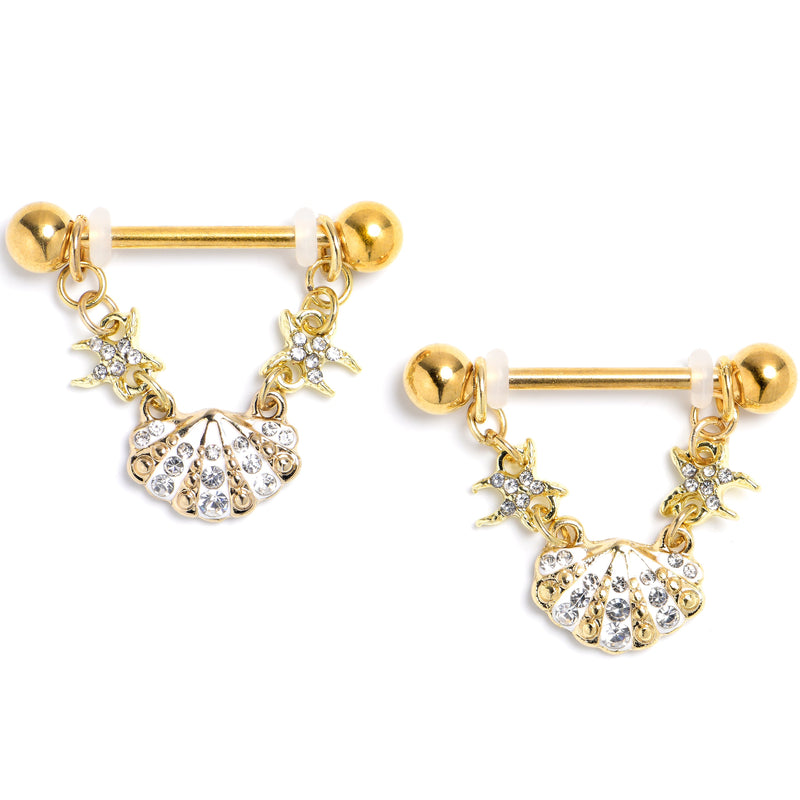 14G 9/16 Clear Gem Gold Tone Sea Shell Glam Dangle Nipple Ring Set