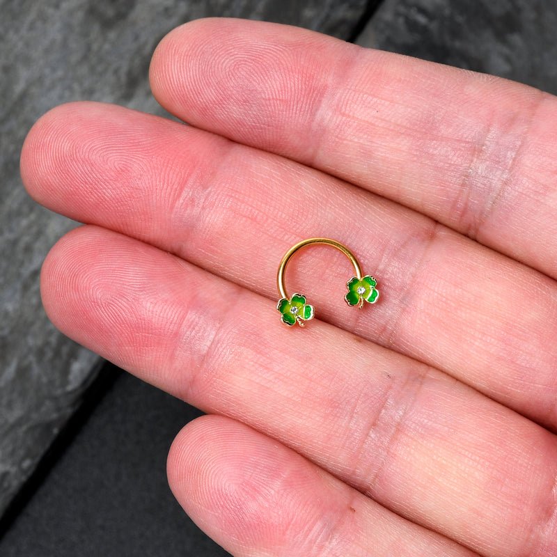 16G 3/8 Clear Gem Gold Hue Lucky Shamrock Horseshoe Circular Barbell