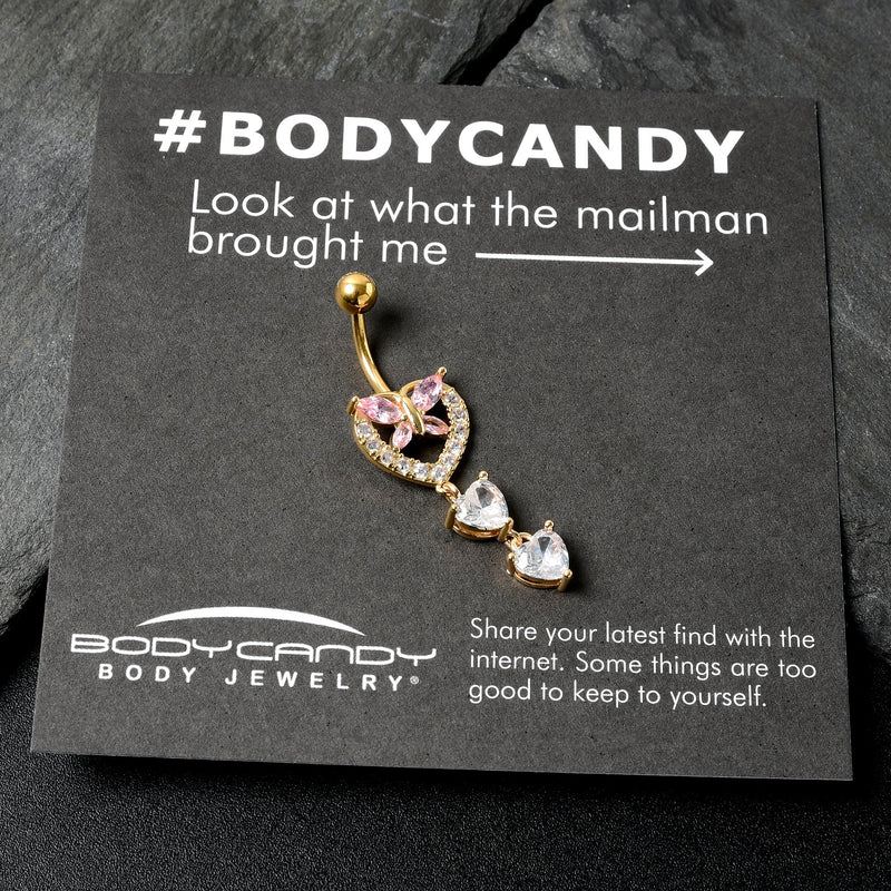 Clear Pink CZ Gem Gold Tone Heart Butterfly Double Dangle Belly Ring