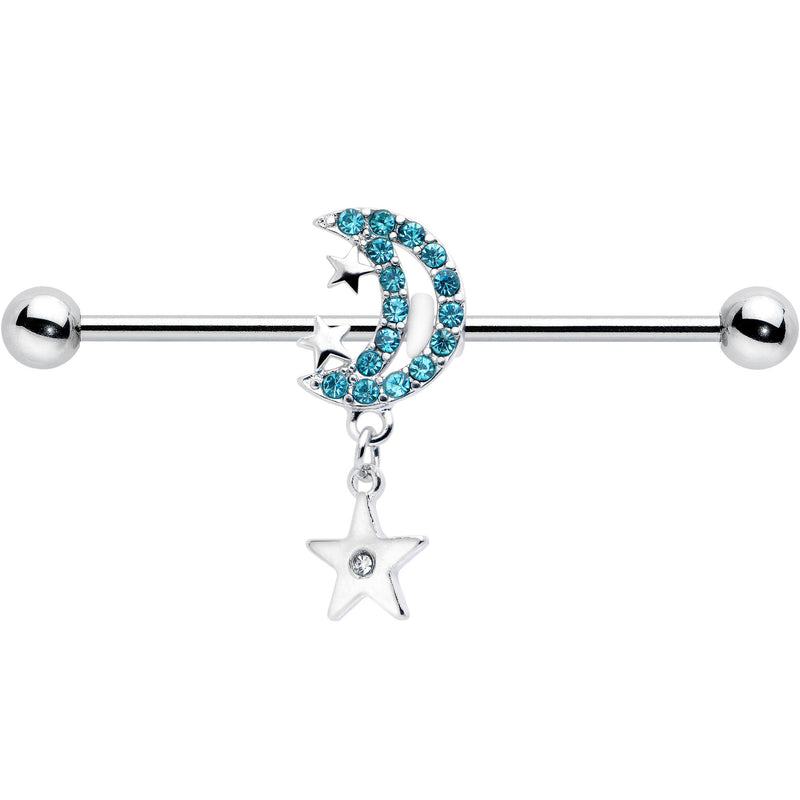 14G Blue CZ Gem Moon Dangle Star Industrial Barbell 38mm