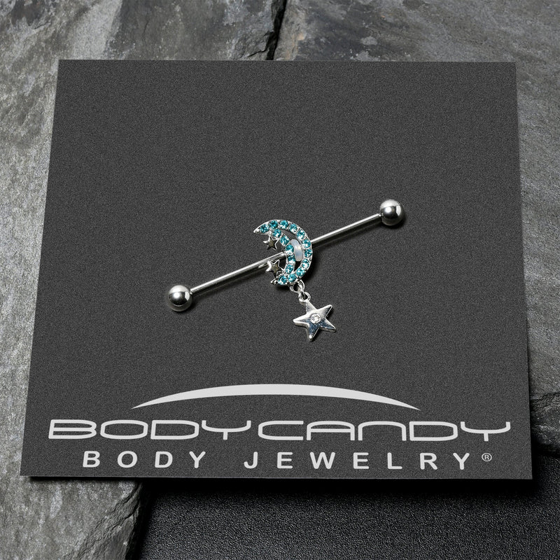 14G Blue CZ Gem Moon Dangle Star Industrial Barbell 38mm