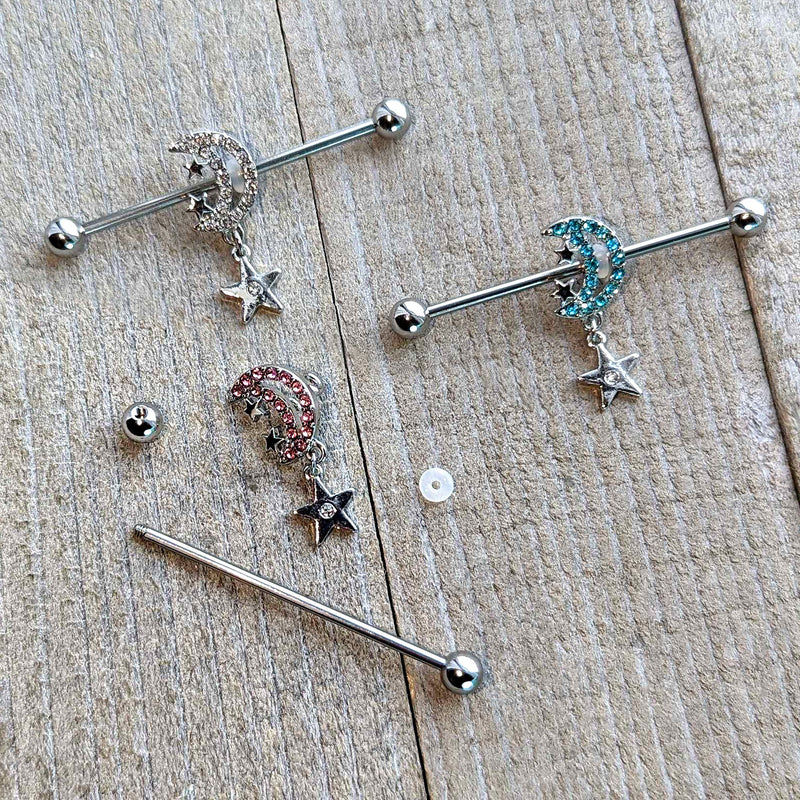 14G Blue CZ Gem Moon Dangle Star Industrial Barbell 38mm