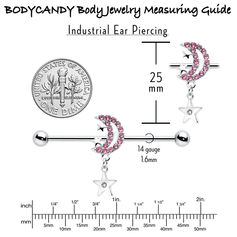 14G Pink CZ Gem Moon Dangle Star Industrial Barbell 38mm