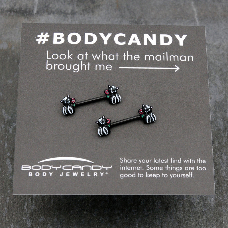14G 9/16 Black Funky Skunk Barbell Nipple Ring Set