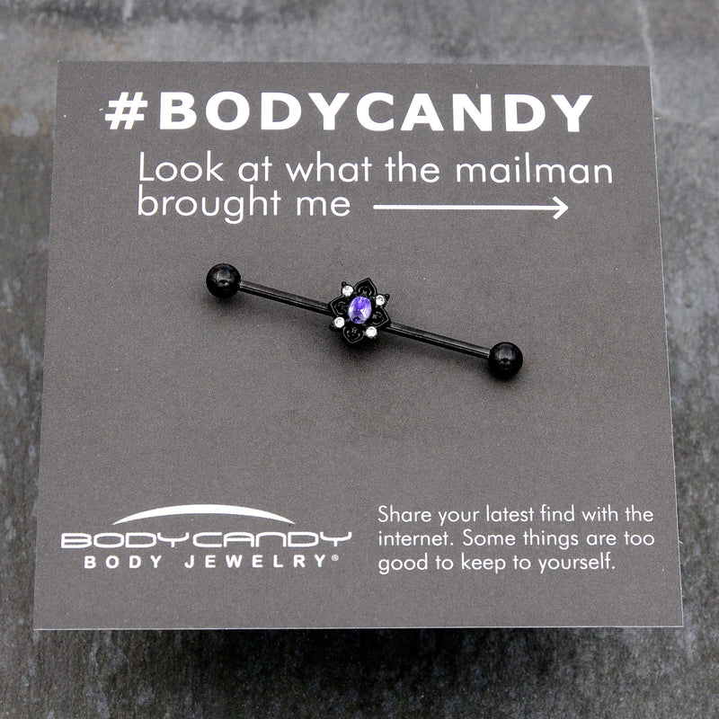 14G Purple Gem Black Scrolling Hearts Industrial Barbell 38mm