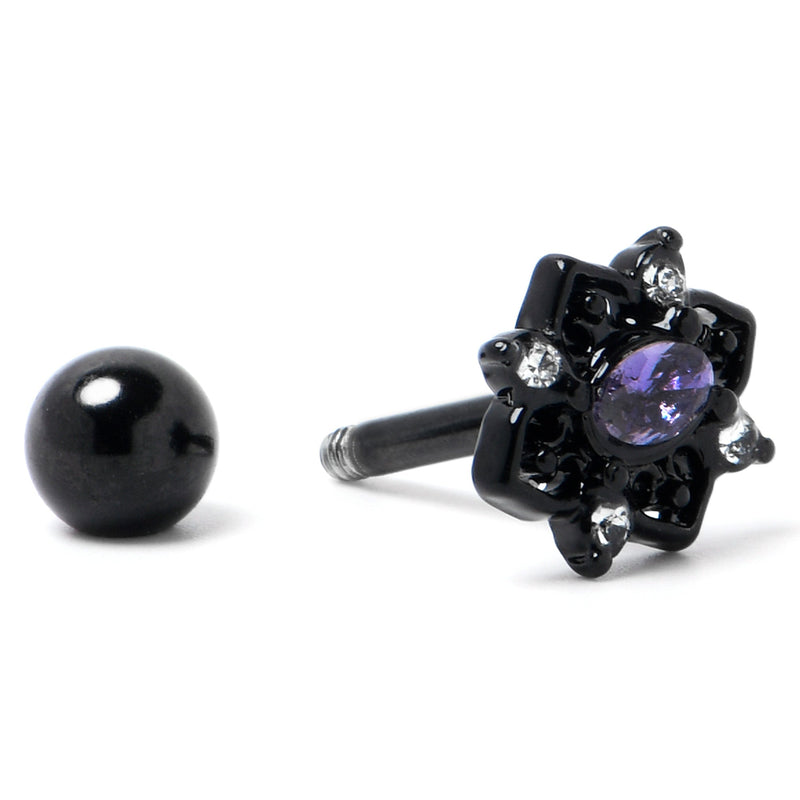 16G 1/4 Purple Gem Black Scrolling Hearts Cartilage Tragus Earring