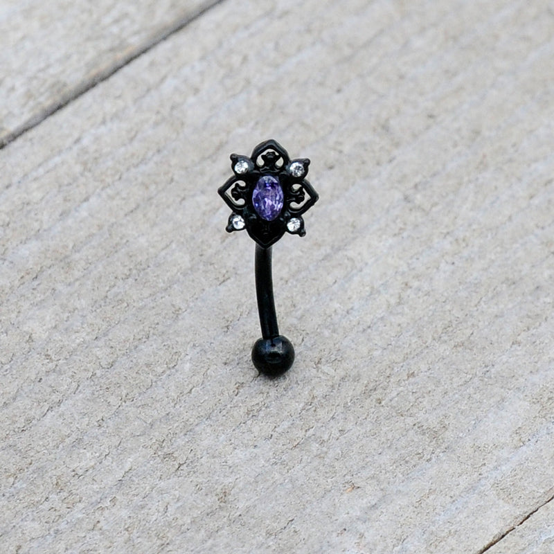 16G 5/16 Purple Gem Black Scrolling Hearts Curved Eyebrow Ring