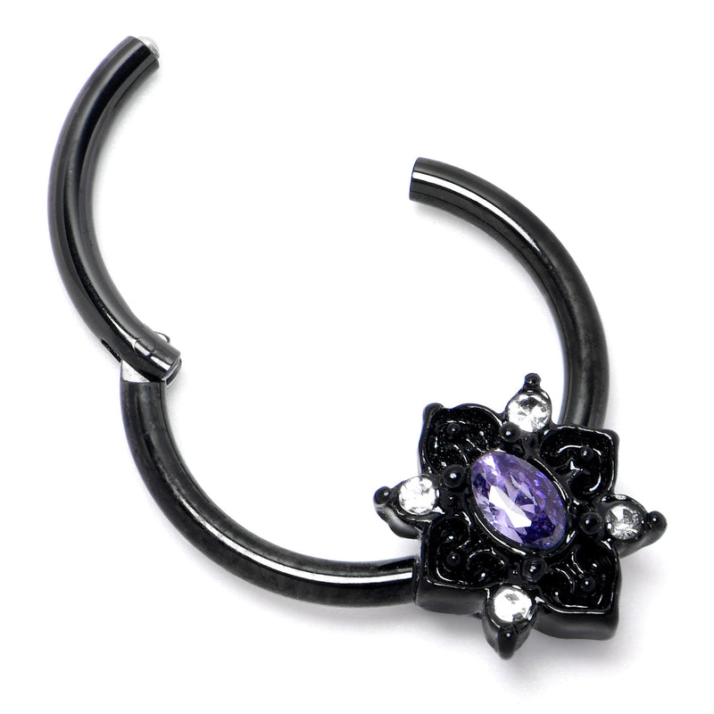 16G 3/8 Purple Gem Black Scrolling Hearts Hinged Segment Ring