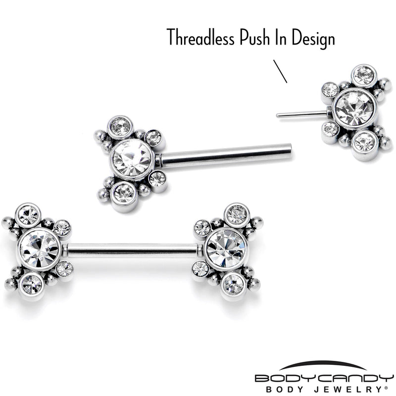 14G 9/16 Clear CZ Gem Circles Threadless Barbell Nipple Ring Set