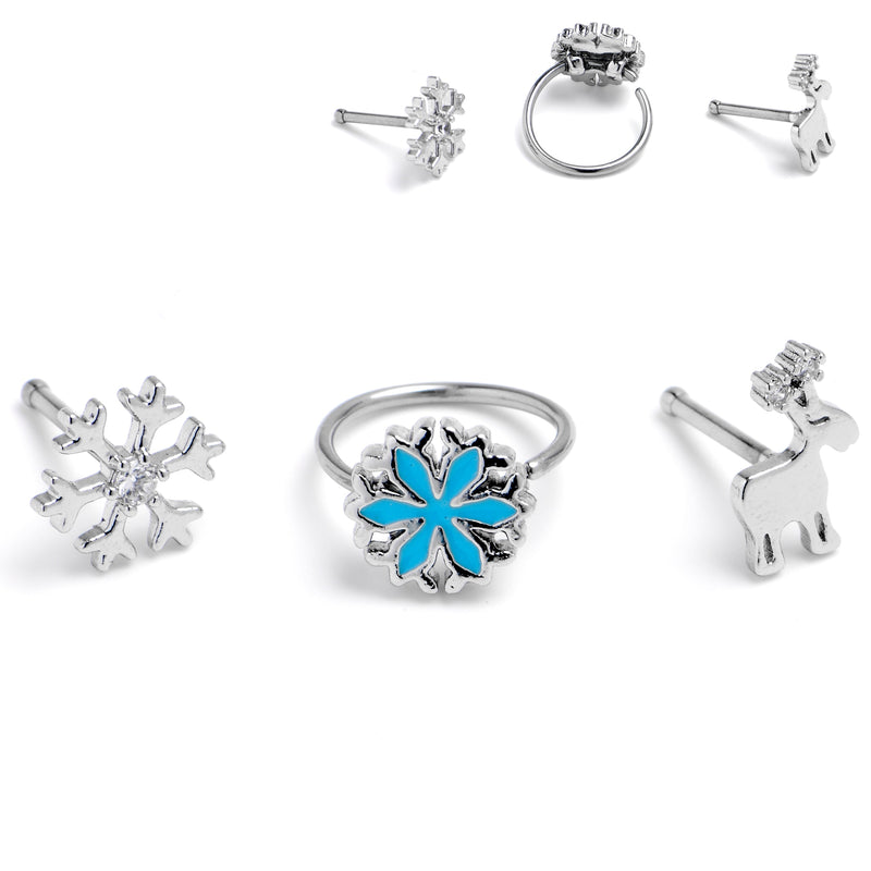 20G 1/4 Clear Gem Holiday Snowflakes Blue Nose Bone Hoop Set of 3