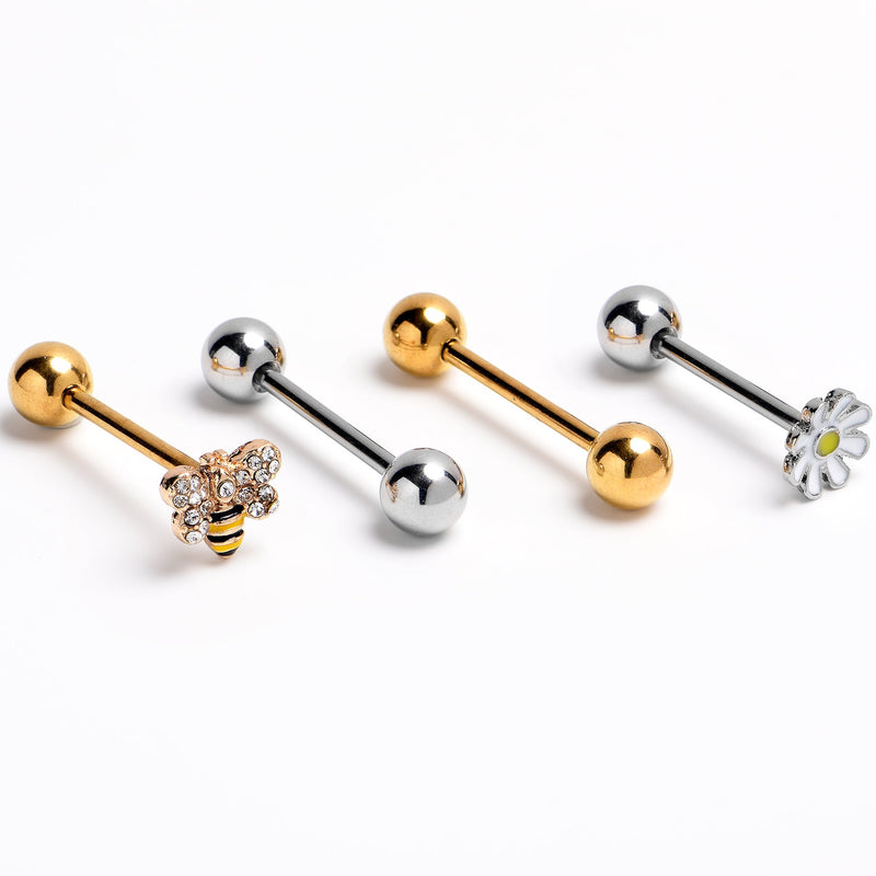 Clear Gem Gold Tone Daisy Bee Barbell Tongue Ring Set of 4