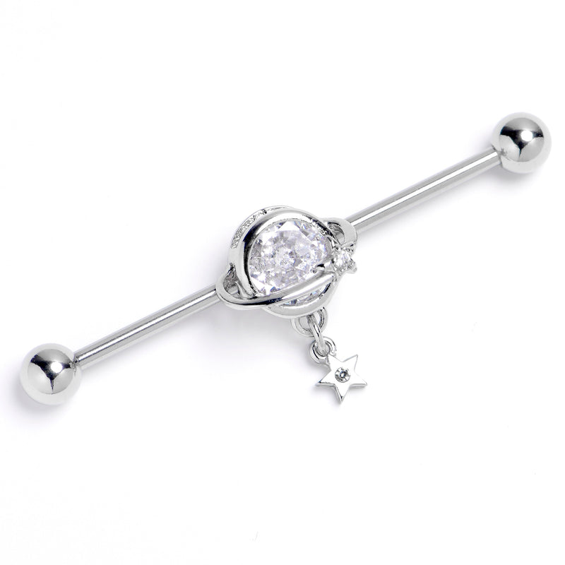 14G Clear Gem Starry Saturn Dangle Industrial Barbell 38mm