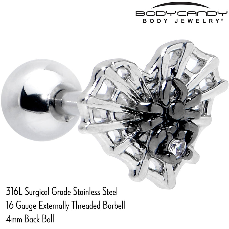 16G 1/4 Clear CZ Gem Heart of Spider Cartilage Tragus Earring